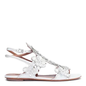 White leather floral flat sandals