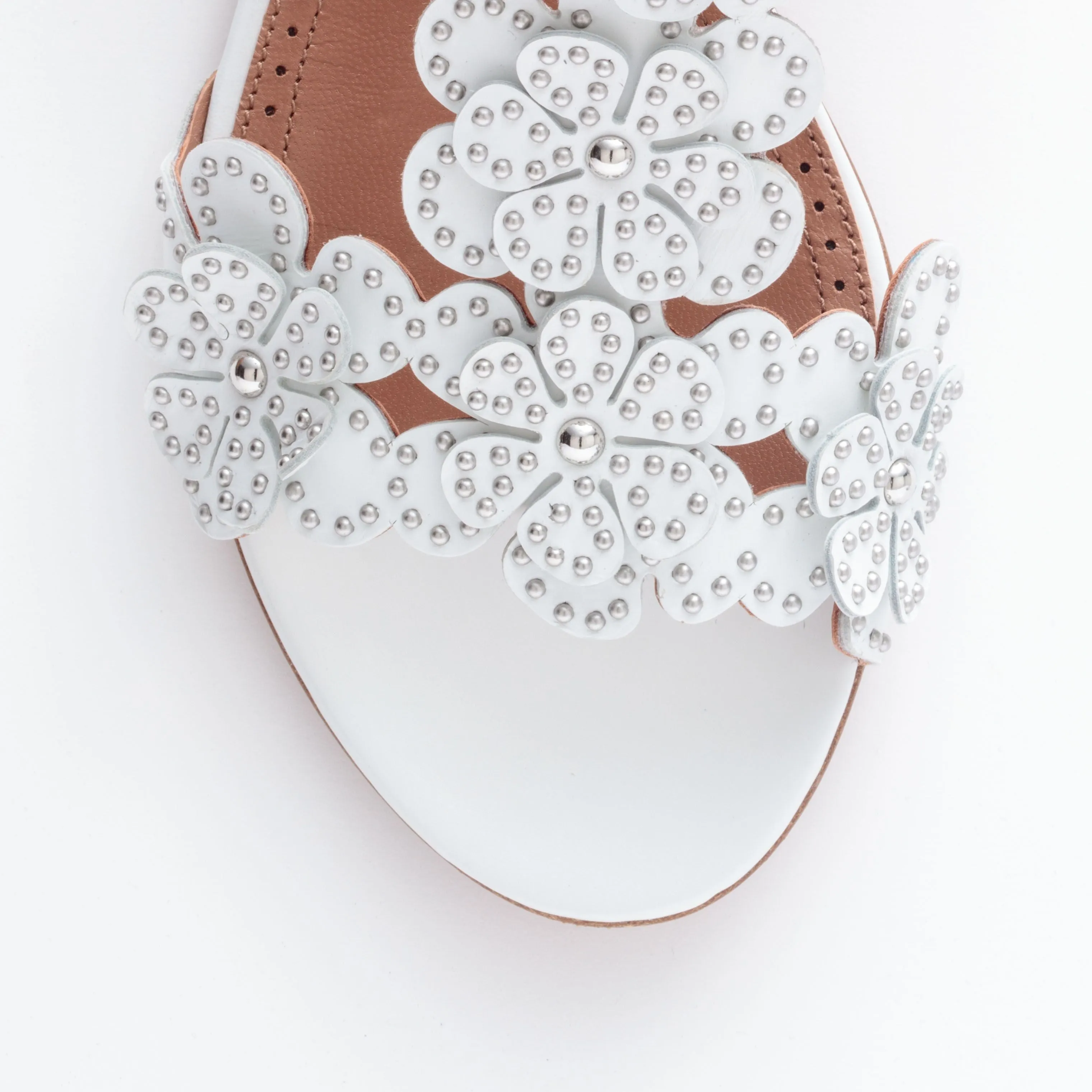 White leather floral flat sandals
