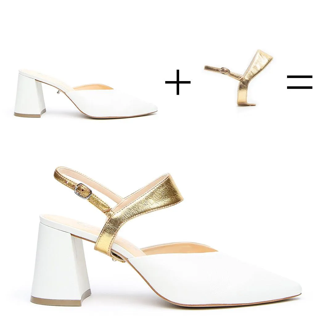 White V Mule   Gold Elsie Strap