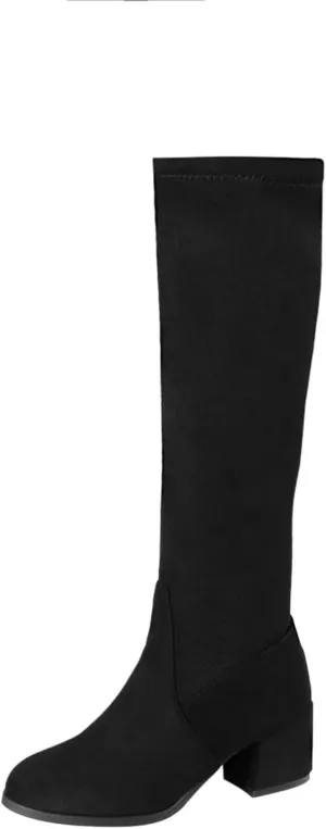 wodceeke Women's Knee High Suede Boots Round Toe Chunky Heel Winter Warm Boots Fashion Side Zipper Riding Boots
