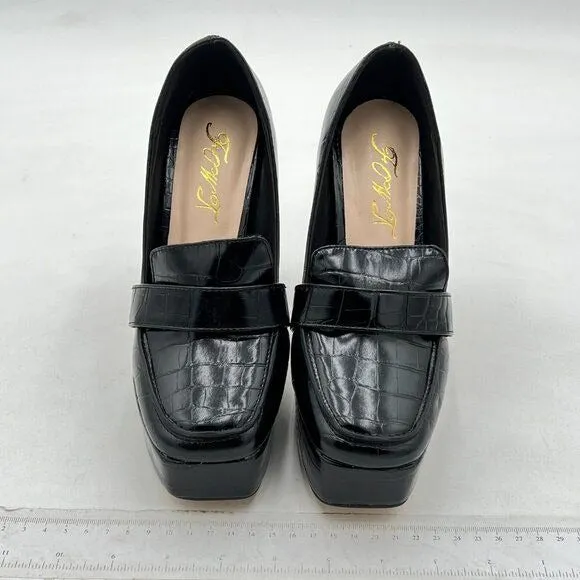 Women Chunky Heel Leather Loafer,Stylish Square Toe High Heel Loafer Shoes Black