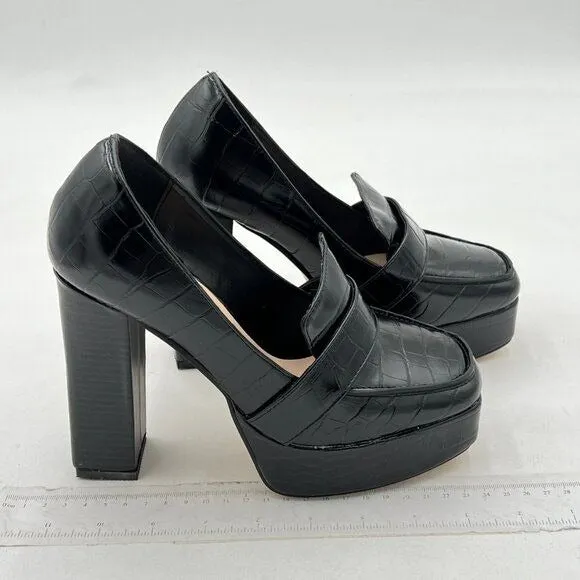 Women Chunky Heel Leather Loafer,Stylish Square Toe High Heel Loafer Shoes Black