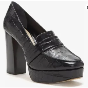 Women Chunky Heel Leather Loafer,Stylish Square Toe High Heel Loafer Shoes Black