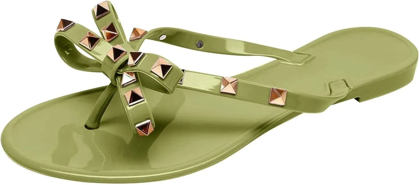 Women Rivet Flat Flip Flops Studded Jelly Thong Sandals with Bow Summer Bowtie Slip On Flat Beach Dressy Slides Fashion Dress Slipper