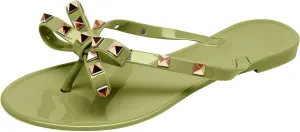 Women Rivet Flat Flip Flops Studded Jelly Thong Sandals with Bow Summer Bowtie Slip On Flat Beach Dressy Slides Fashion Dress Slipper