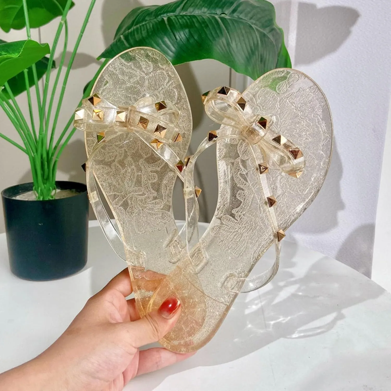 Women Rivet Flat Flip Flops Studded Jelly Thong Sandals with Bow Summer Bowtie Slip On Flat Beach Dressy Slides Fashion Dress Slipper