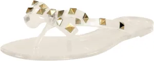 Women Rivet Flat Flip Flops Studded Jelly Thong Sandals with Bow Summer Bowtie Slip On Flat Beach Dressy Slides Fashion Dress Slipper