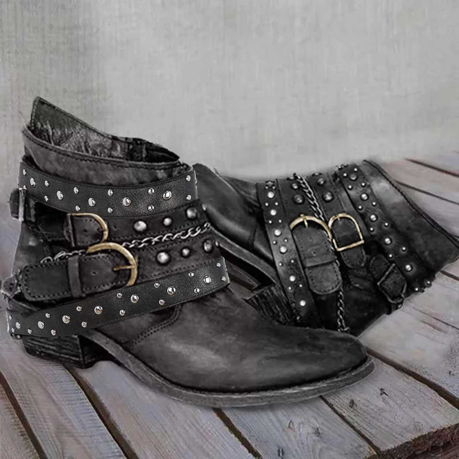 Womens Ankle Boots Vintage Casual Studded Punk Motorcycle Boots for Women Chunky Heel Buckle Strap Women Boots