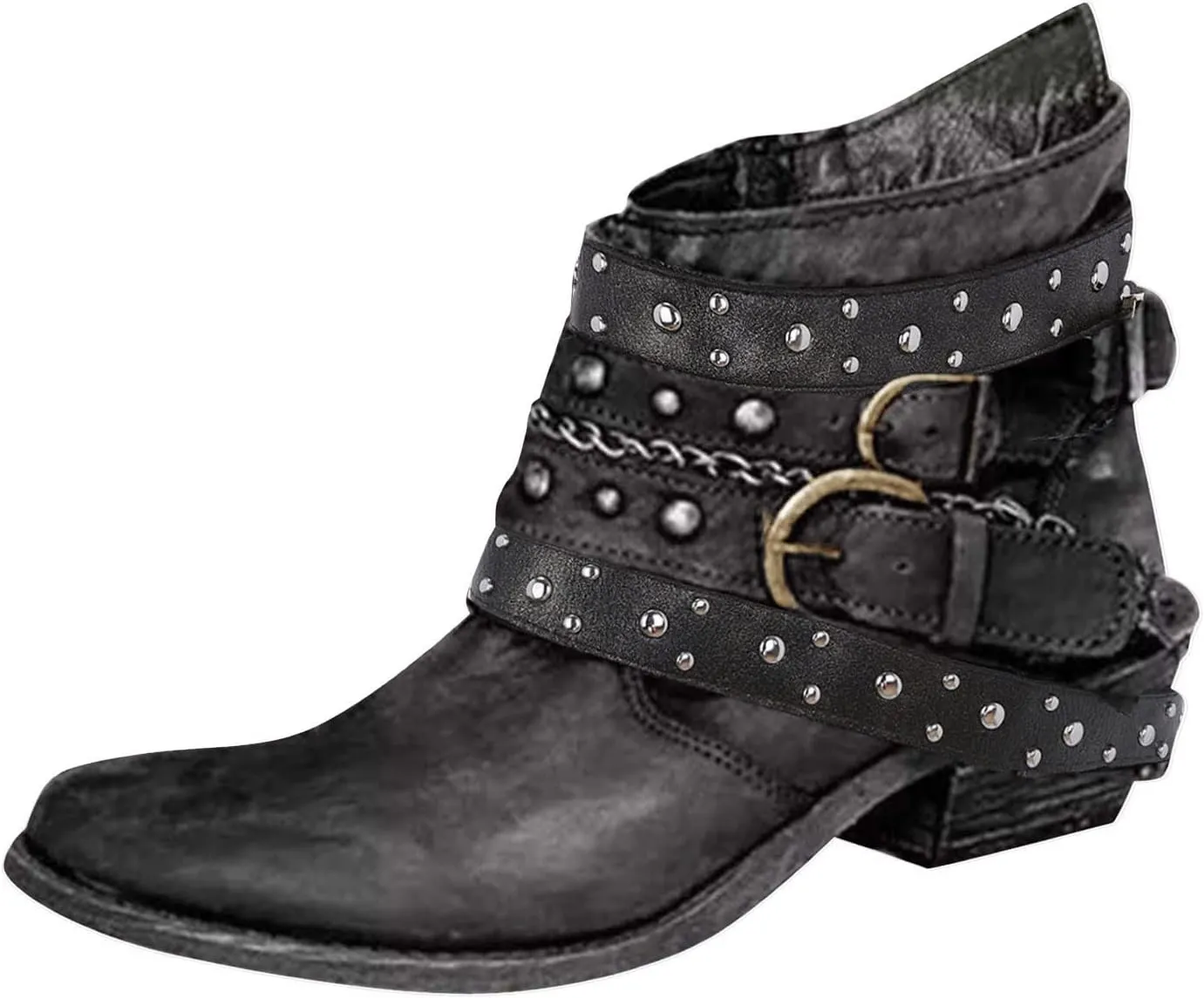 Womens Ankle Boots Vintage Casual Studded Punk Motorcycle Boots for Women Chunky Heel Buckle Strap Women Boots
