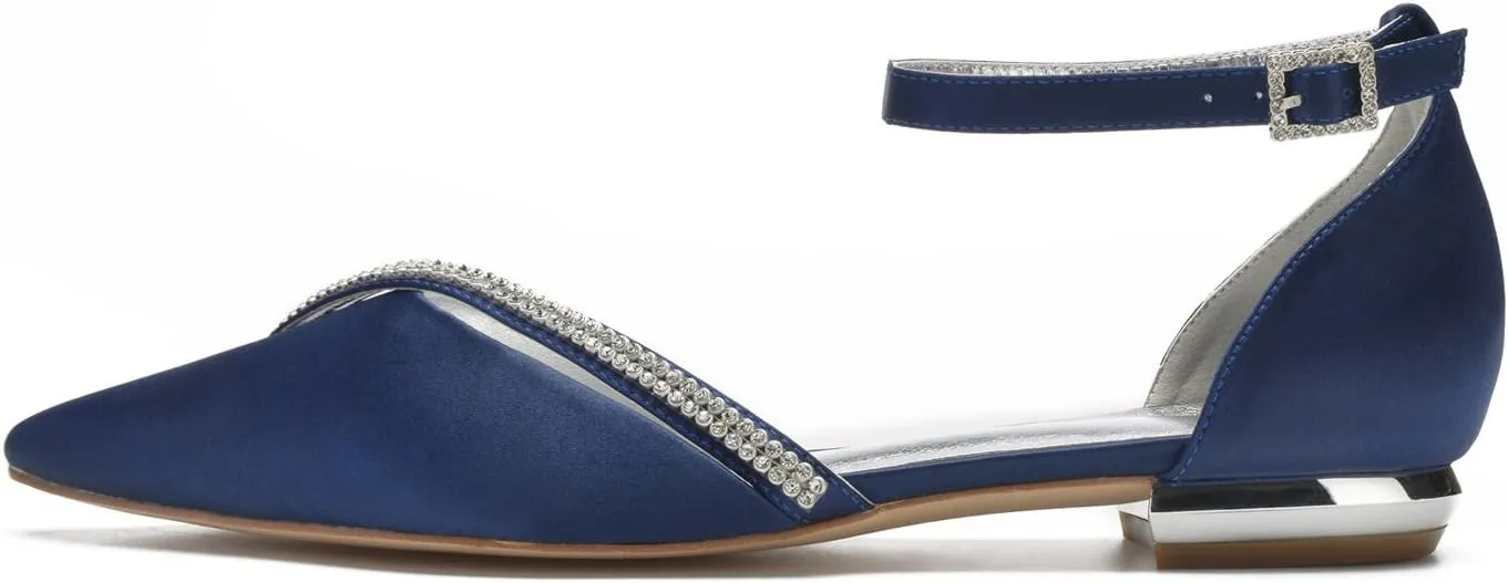 Womens Ballet Flats Pointed Toe Ankle Strap Buckle Satin Low Heel Flat Party Evening Ballerina Dance Shoes