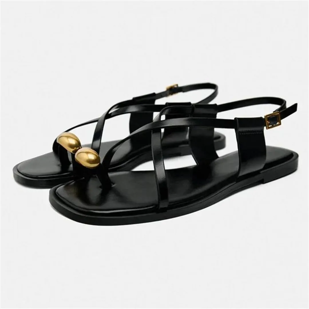 Womens Buckle Strap Back Strap Flat Heel Open Side Vamp Gladiator Sandals PU Upper Metal Decoration Rome Casual Summer Sandals