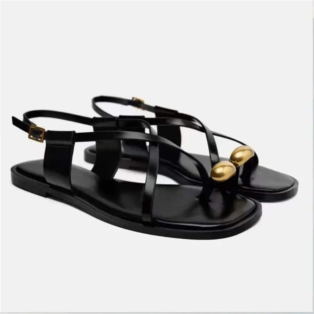 Womens Buckle Strap Back Strap Flat Heel Open Side Vamp Gladiator Sandals PU Upper Metal Decoration Rome Casual Summer Sandals