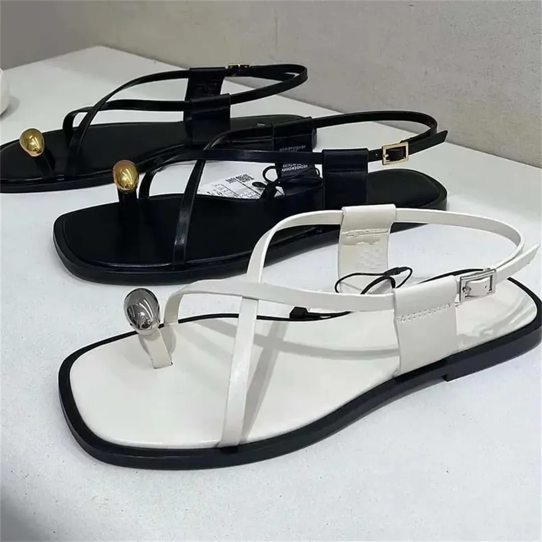 Womens Buckle Strap Back Strap Flat Heel Open Side Vamp Gladiator Sandals PU Upper Metal Decoration Rome Casual Summer Sandals