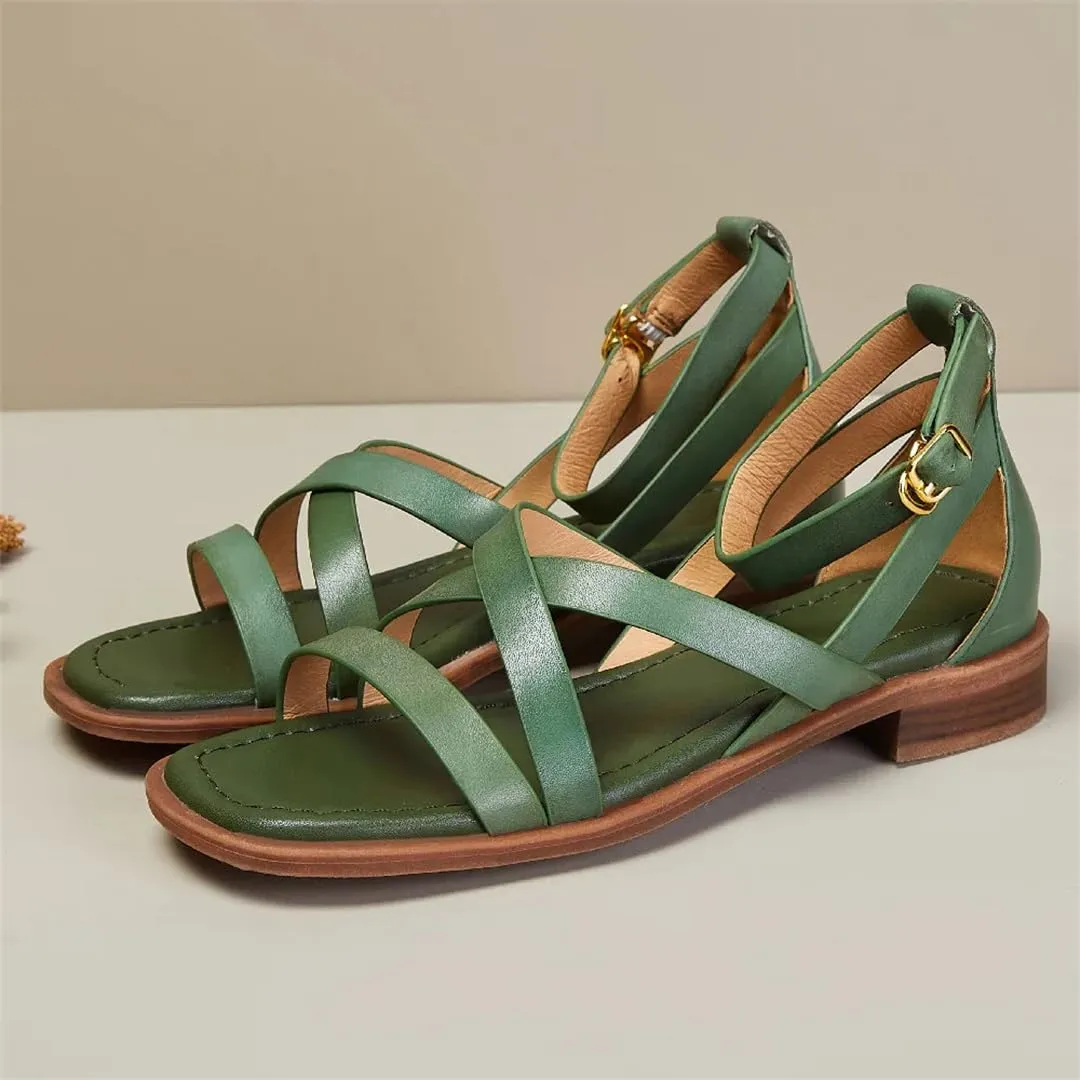 Womens Buckle Strap Cover Heel Ankle Strap Flat Heel Open Side Vamp Sandals Cow Leather Narrow Summer Sandals