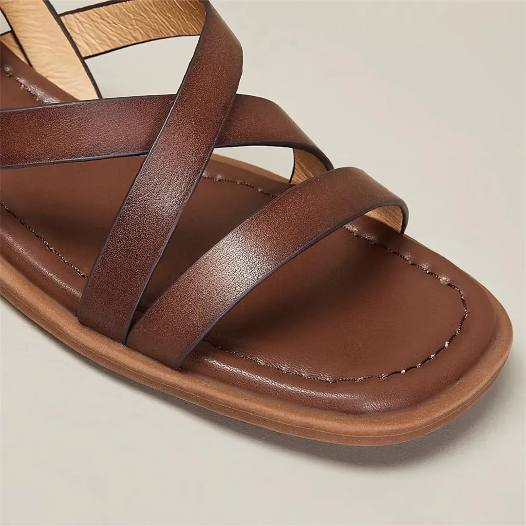 Womens Buckle Strap Cover Heel Ankle Strap Flat Heel Open Side Vamp Sandals Cow Leather Narrow Summer Sandals