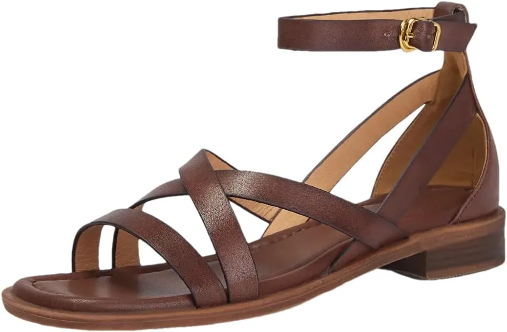 Womens Buckle Strap Cover Heel Ankle Strap Flat Heel Open Side Vamp Sandals Cow Leather Narrow Summer Sandals