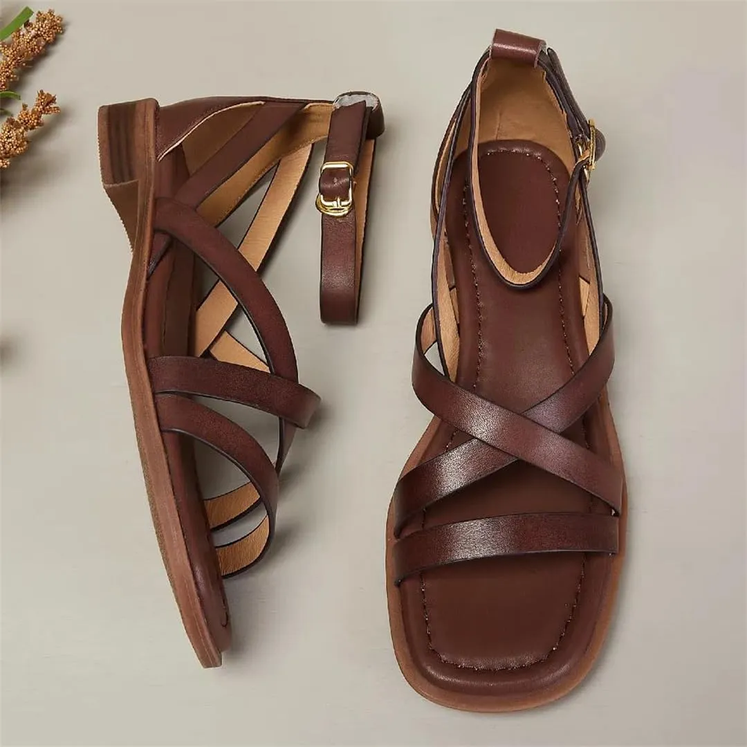 Womens Buckle Strap Cover Heel Ankle Strap Flat Heel Open Side Vamp Sandals Cow Leather Narrow Summer Sandals