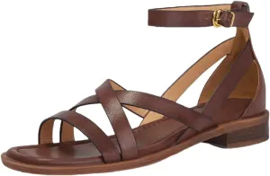 Womens Buckle Strap Cover Heel Ankle Strap Flat Heel Open Side Vamp Sandals Cow Leather Narrow Summer Sandals