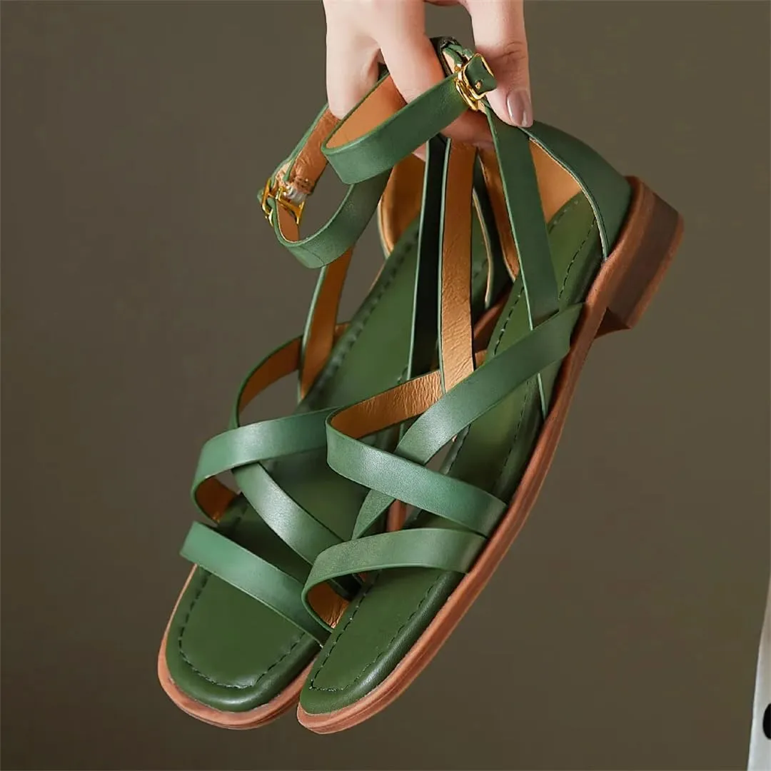 Womens Buckle Strap Cover Heel Ankle Strap Flat Heel Open Side Vamp Sandals Cow Leather Narrow Summer Sandals