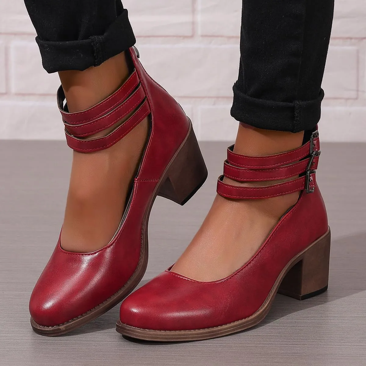 Womens Chunky Heel Strappy Pumps Chunky Low Block Heels Close Round Toe Dress Shoes with Ankle Strap Dress Party Shoes