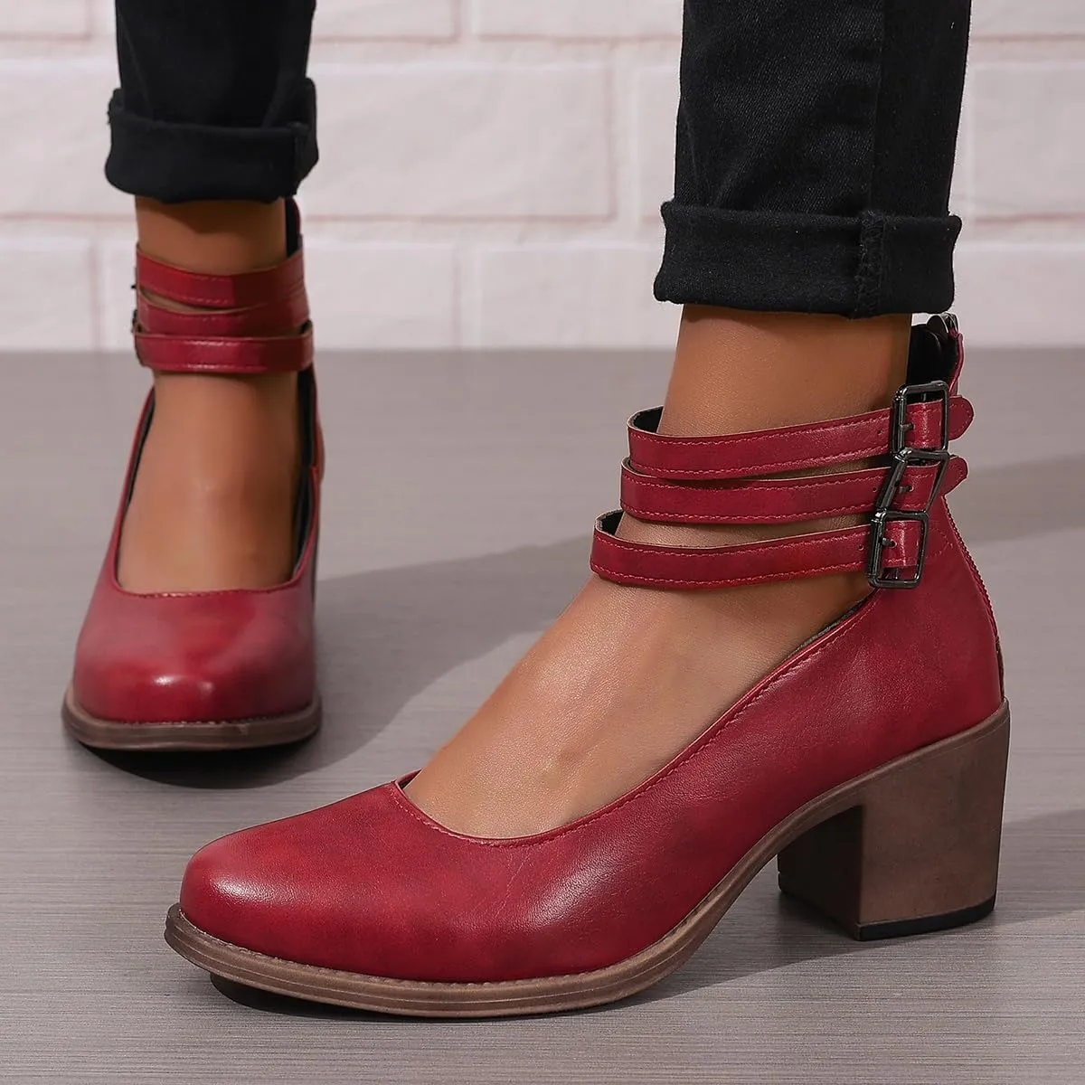Womens Chunky Heel Strappy Pumps Chunky Low Block Heels Close Round Toe Dress Shoes with Ankle Strap Dress Party Shoes