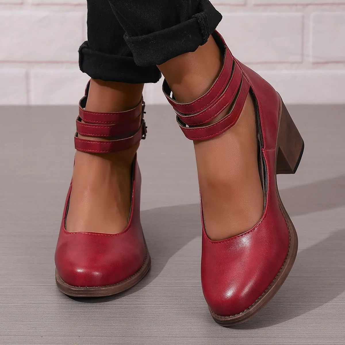 Womens Chunky Heel Strappy Pumps Chunky Low Block Heels Close Round Toe Dress Shoes with Ankle Strap Dress Party Shoes