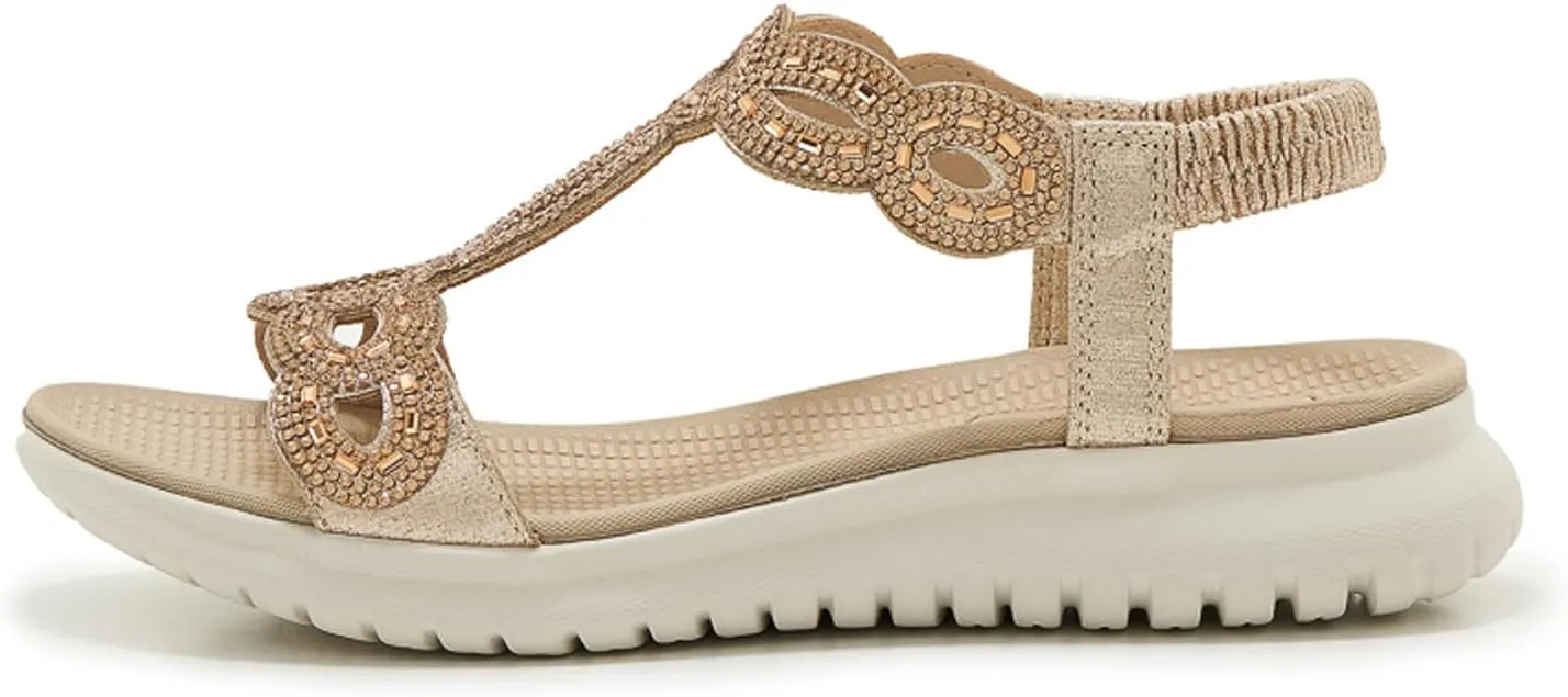 Women's Dressy Rhinestone Open Toe Flat Sandals Lightweight Comfortable Slip On Walking Orthopedic Sandals with Elastic Ankle Strap Summer Casual Bohemian Beach Slides