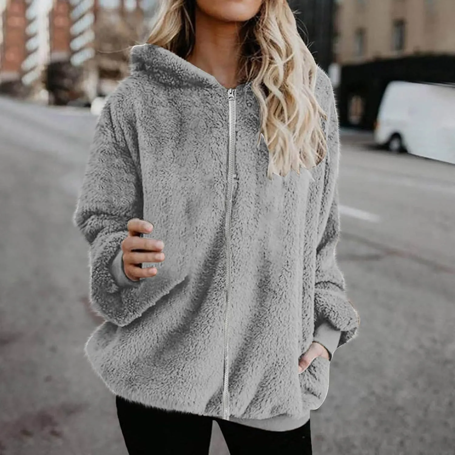 Womens Fuzzy Sherpa Fleece Jacket Zip Up Hooded Oversized Winter Warm Coats Casual Outwear Fall Transitional Fashion