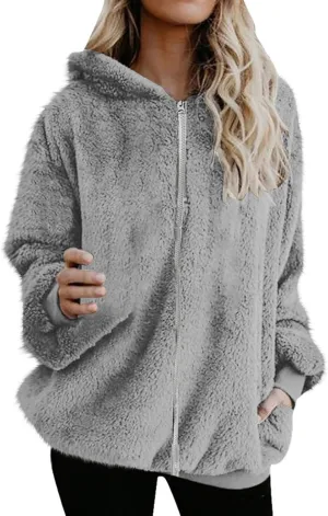Womens Fuzzy Sherpa Fleece Jacket Zip Up Hooded Oversized Winter Warm Coats Casual Outwear Fall Transitional Fashion