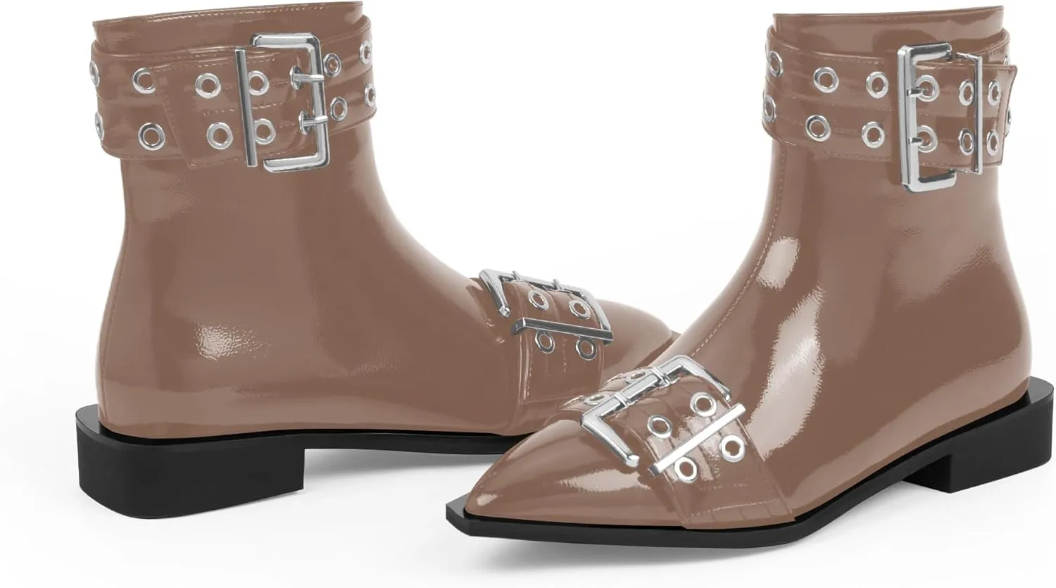Women's Goth Pointed Toe Ankle Boots Flat Buckle Strap Booties