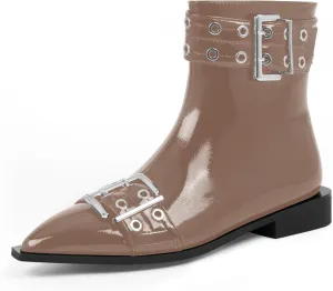 Women's Goth Pointed Toe Ankle Boots Flat Buckle Strap Booties