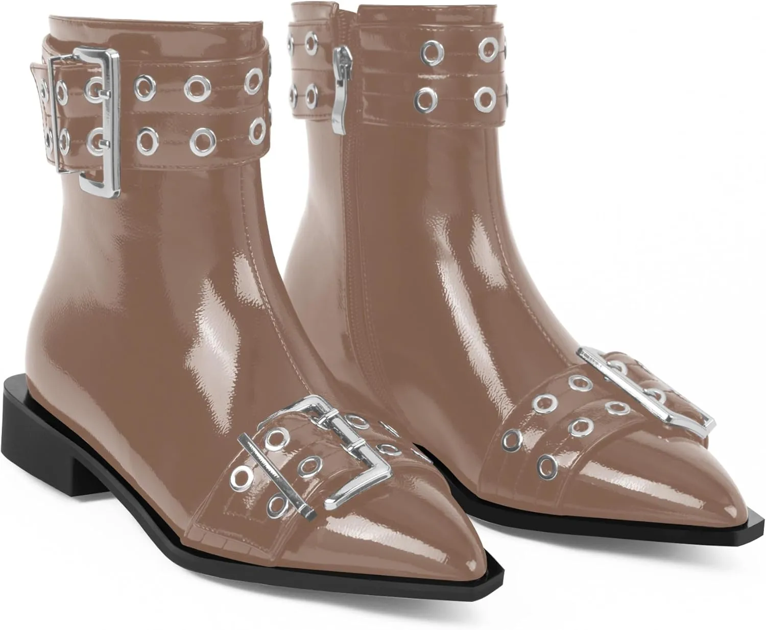 Women's Goth Pointed Toe Ankle Boots Flat Buckle Strap Booties