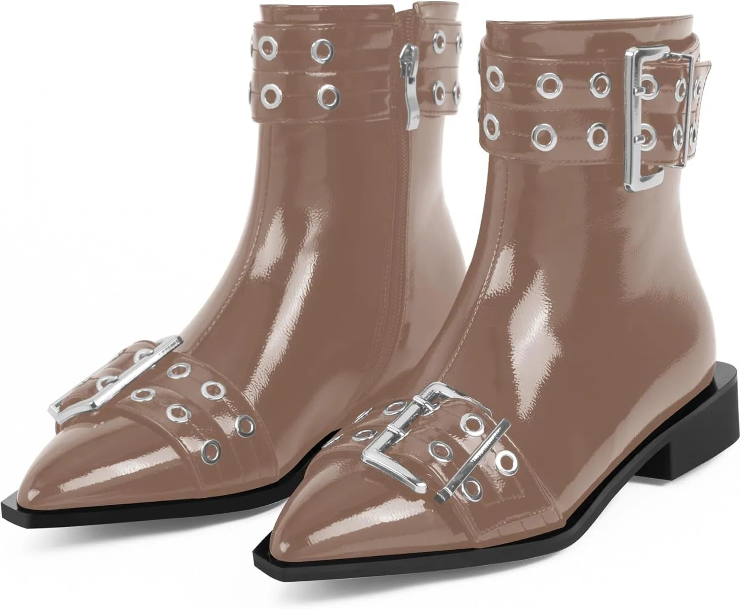 Women's Goth Pointed Toe Ankle Boots Flat Buckle Strap Booties
