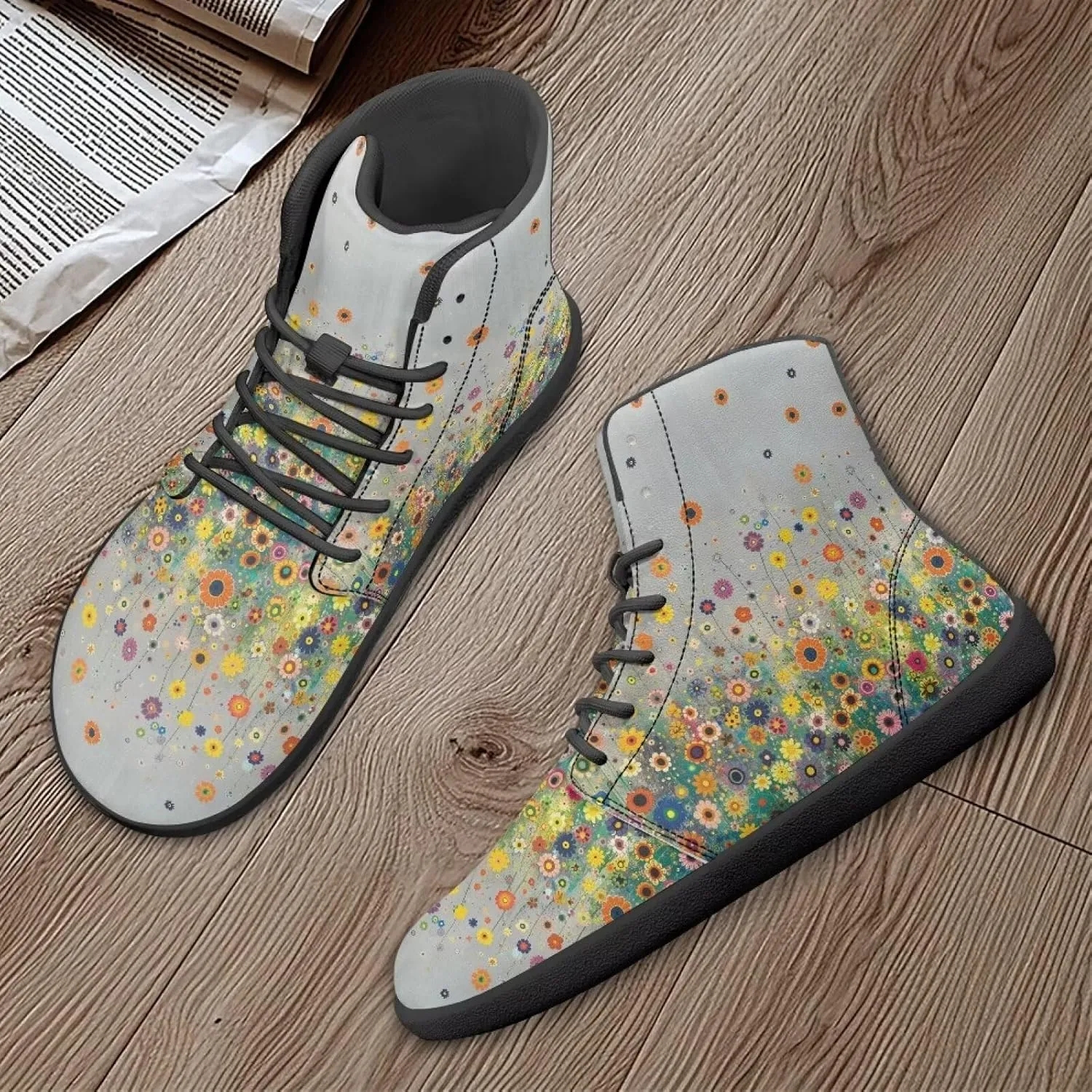 Women's High Top Sneakers Lace Up PU Leather Shoes with Flat Soles and Bandage, Fashionable Walking Shoes