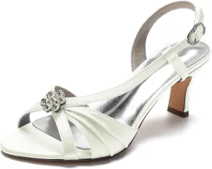 Women's Slingback Satin Wedding Pumps Peep Toe Heeled Sandals with Rhinestone Buckle Mid Heel Bride Evening Party Shoes