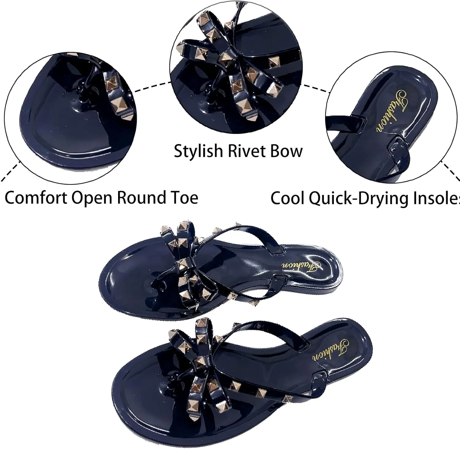 Women's Studded Bow Jelly Flat Flip Flops Fashion Comfort Open Round Toe Slip On Thong Slipper Sandals With Rivets for Summer Outdoor Beach Pool