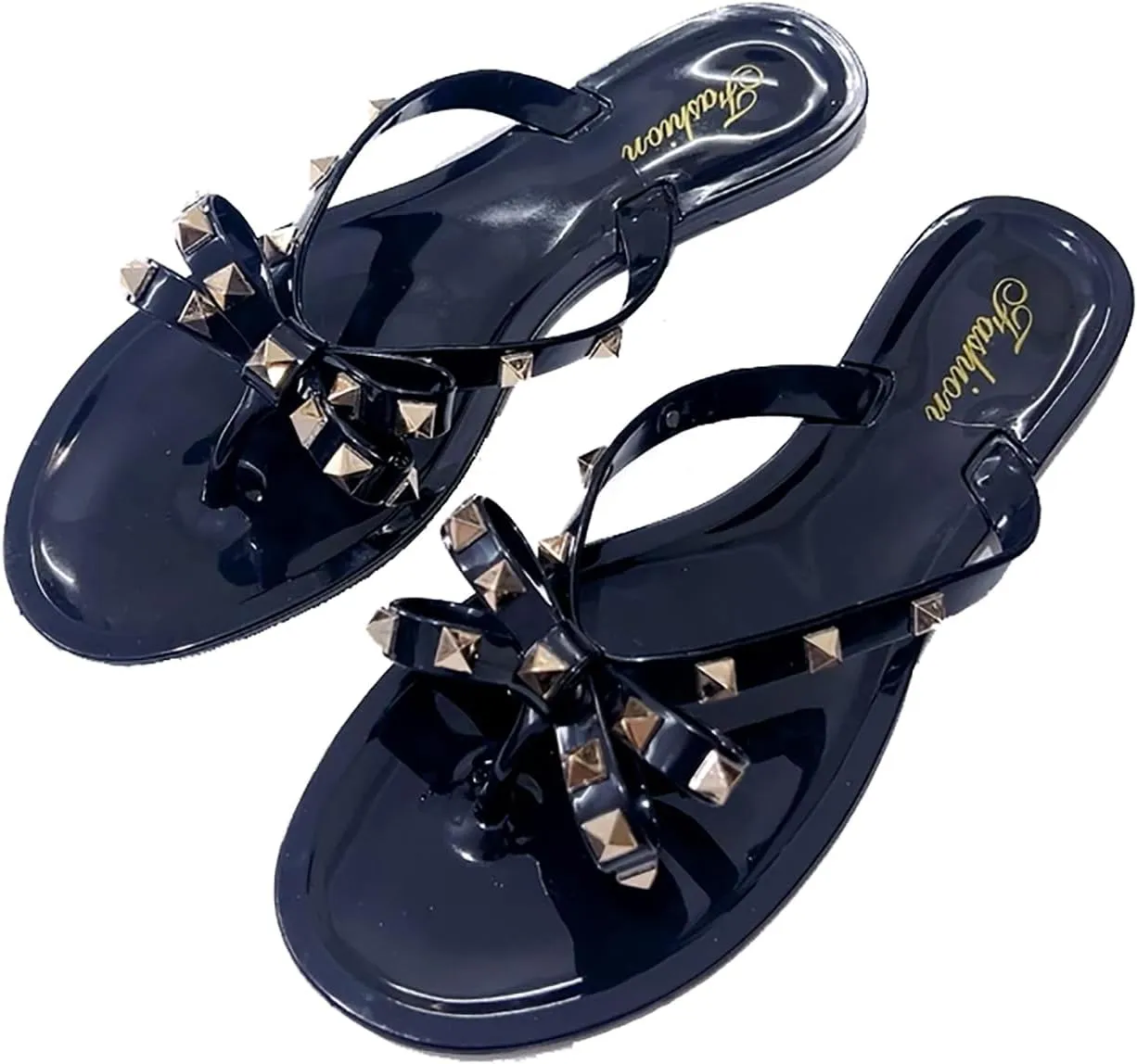 Women's Studded Bow Jelly Flat Flip Flops Fashion Comfort Open Round Toe Slip On Thong Slipper Sandals With Rivets for Summer Outdoor Beach Pool