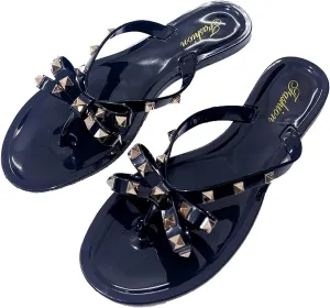 Women's Studded Bow Jelly Flat Flip Flops Fashion Comfort Open Round Toe Slip On Thong Slipper Sandals With Rivets for Summer Outdoor Beach Pool