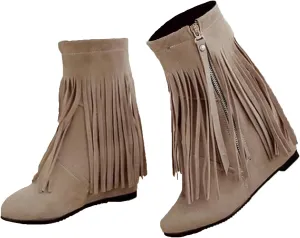 Women's Suede Fringe Hidden Wedge Mid-calf Boots Classic Tassels Side Zipper Western Ankle Boots Comfortable Non-slip Wide-Calf Flat Winter Boots