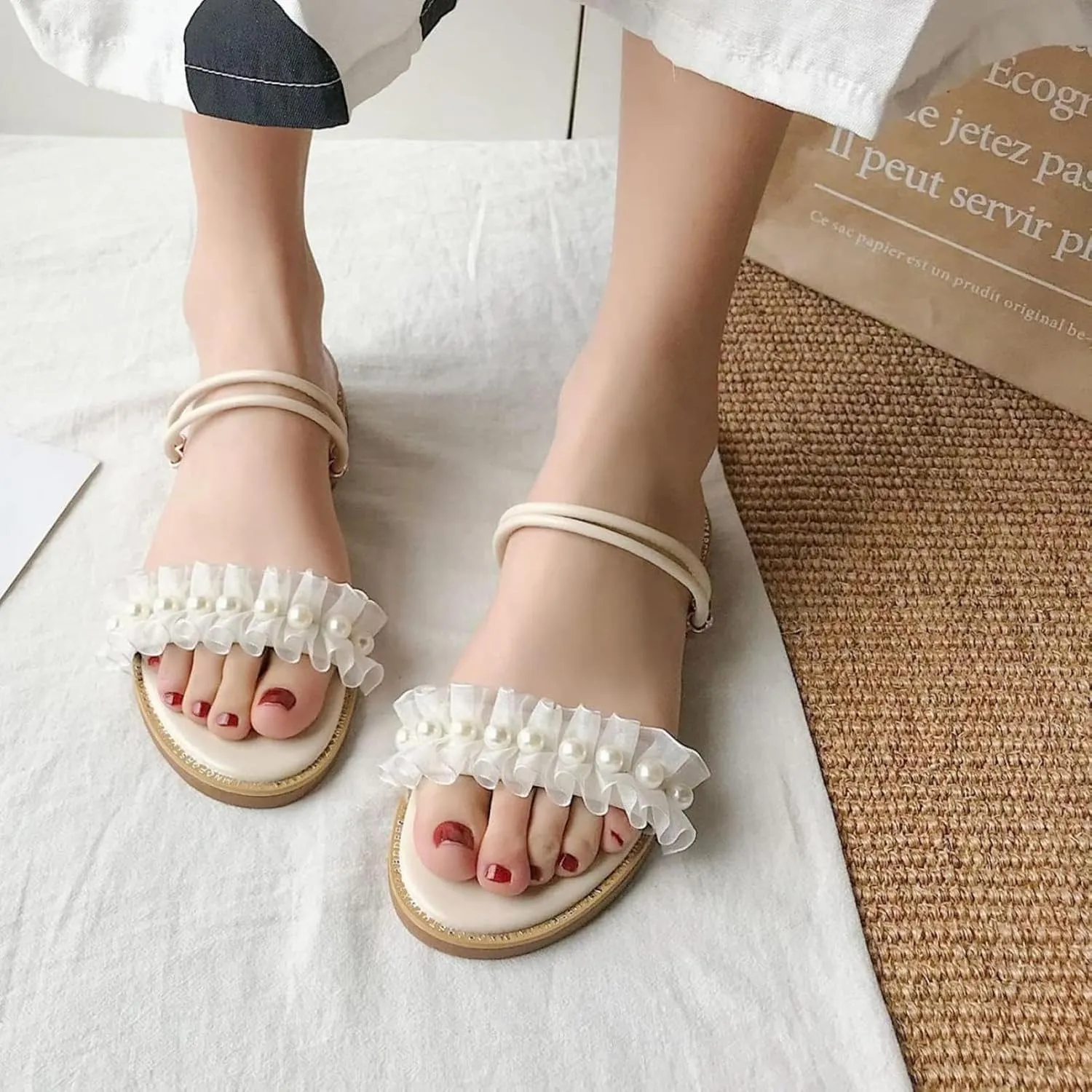 Women's Summer Casual Sandals Fish Mouth Pearl Lace Ruffle Edge Dual Purpose Slippers Fairy Style Beach Sandals