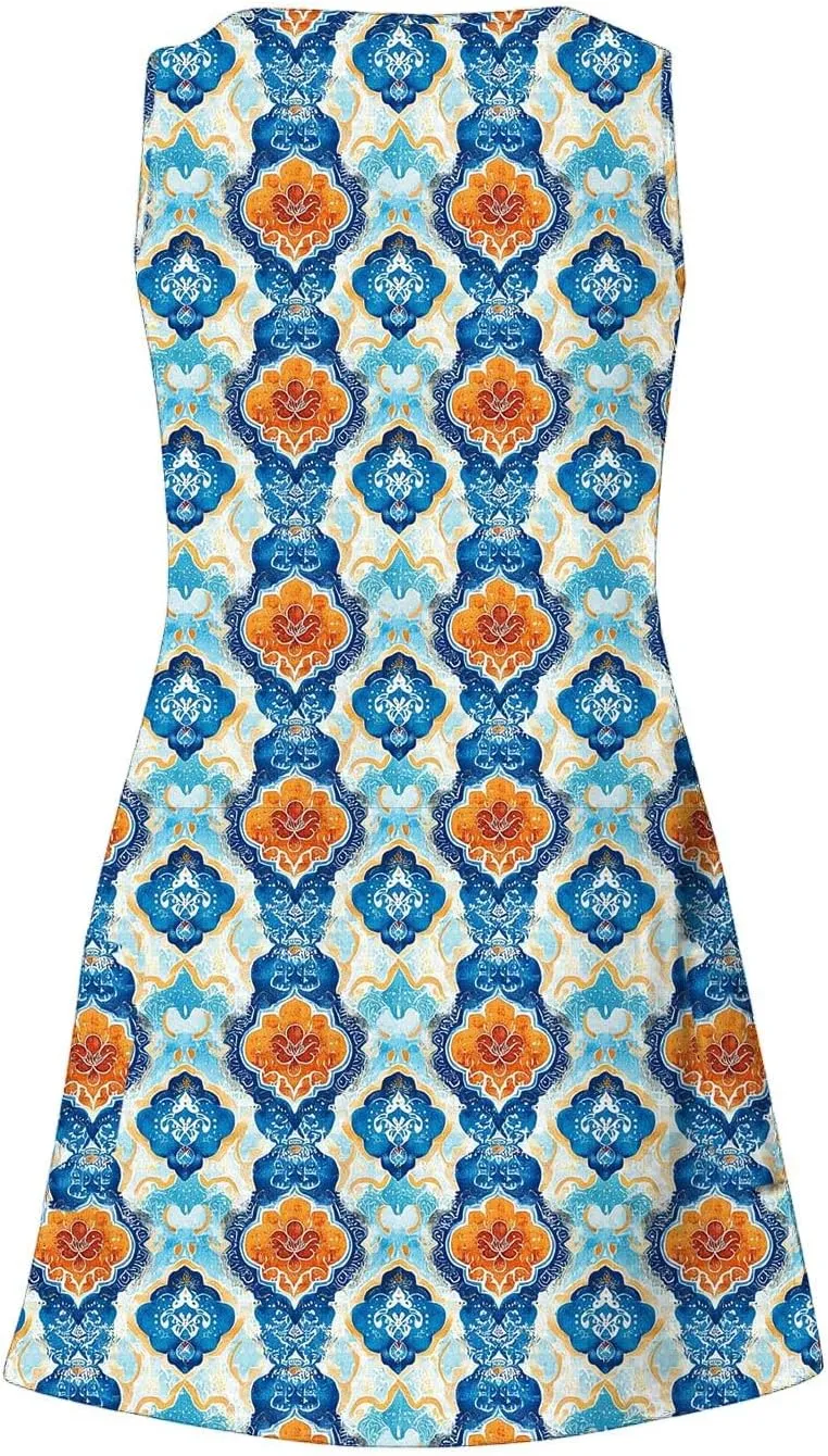 Womens Summer Dresses Strap Sleeveless Casual Sundress Floral Vintage Printed Maxi Dresses Beach Vacation Clothes