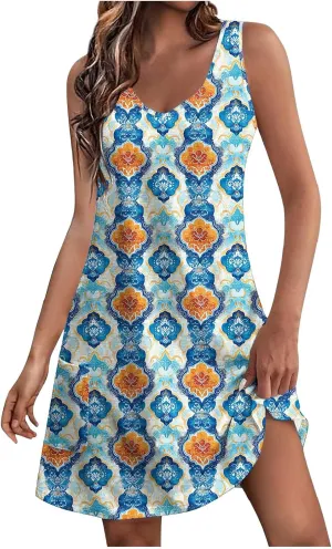 Womens Summer Dresses Strap Sleeveless Casual Sundress Floral Vintage Printed Maxi Dresses Beach Vacation Clothes