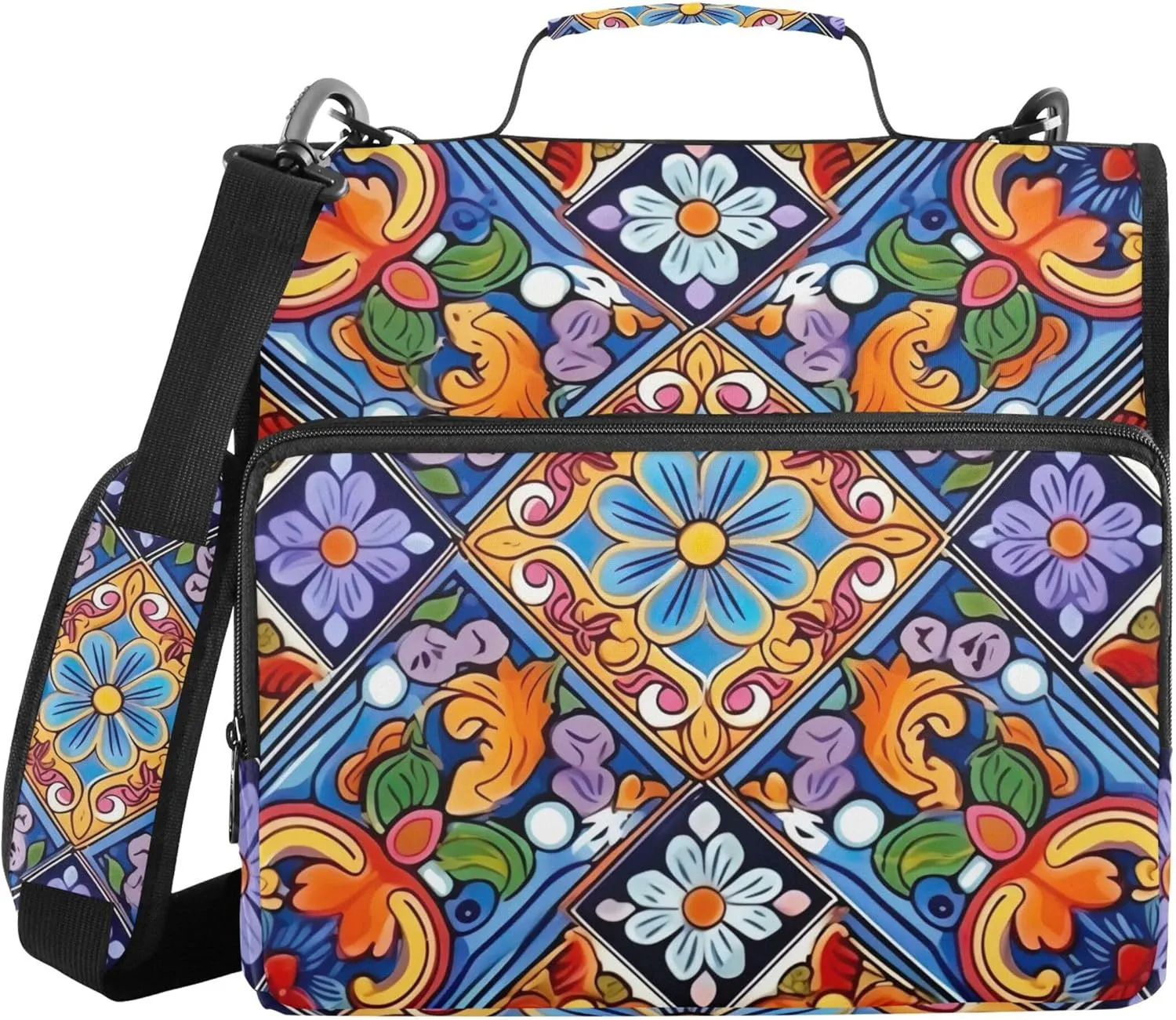 xigua Mexican Ceramic Tile Zipper Binder 3 Ring, 1.5 Inch Ring Binder Organizer Bag with Shoulder Strap Fits 13 Inch Laptop for School and Office