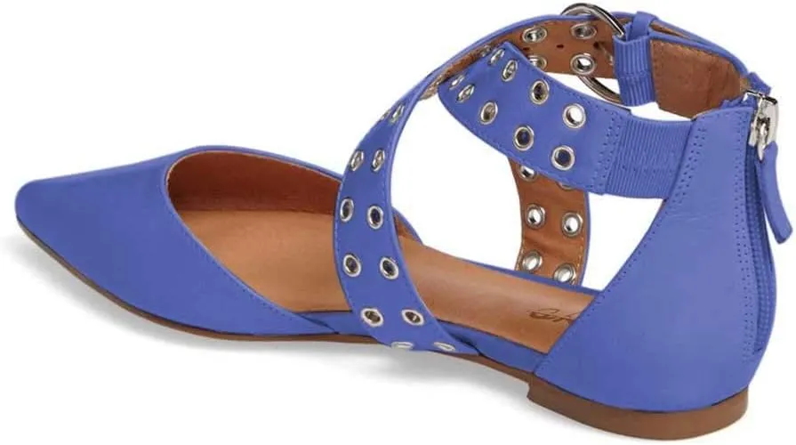 XYD Women Retro Crossover Strap Eyelet Pointed Toe Flats Sandals Back Zip D'Orsay Low Heel Buckle Dress Shoes