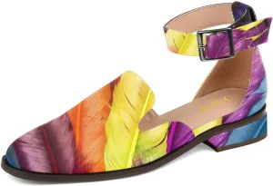 YDN Women's Ankle Strap Buckle Flats Low Chunky Heel Closed Round Toe Sandals Shoes for Holiday Outdoor Dress Size 4-16 US