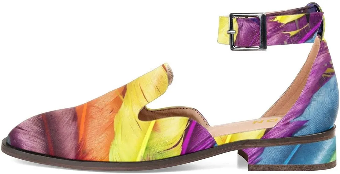 YDN Women's Ankle Strap Buckle Flats Low Chunky Heel Closed Round Toe Sandals Shoes for Holiday Outdoor Dress Size 4-16 US