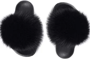 Yu Li Women Real Fox Fur Feather Vegan Leather Open Toe Single Strap Slip On Sandal