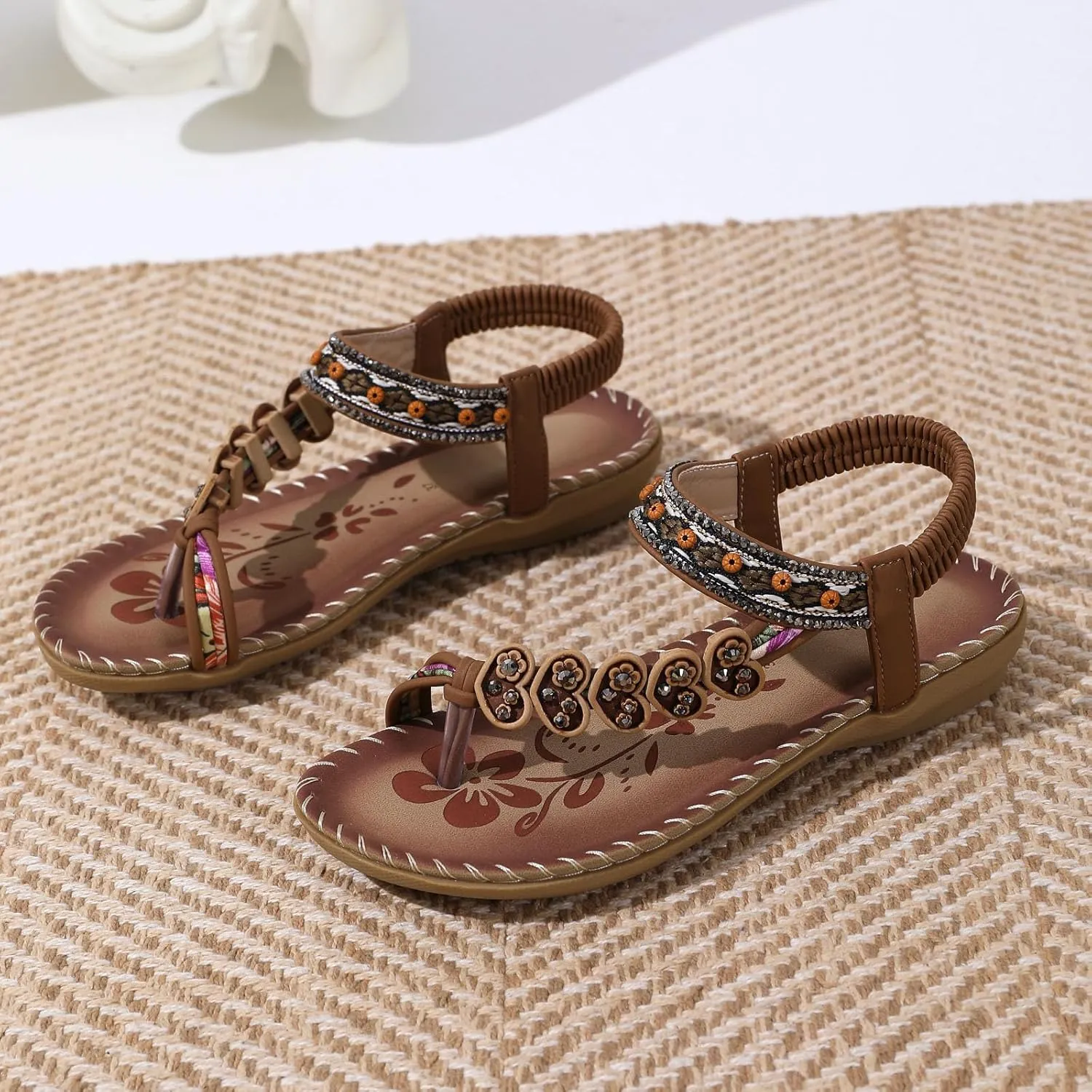 ZSpzx Women's Summer Sandals Sparkly Bling Lace Flower Sandals Casual Comfortable Bohemia Flat Sandals Open Toe Ankle Crystal Shoes Ankle Strap Beach Shoes