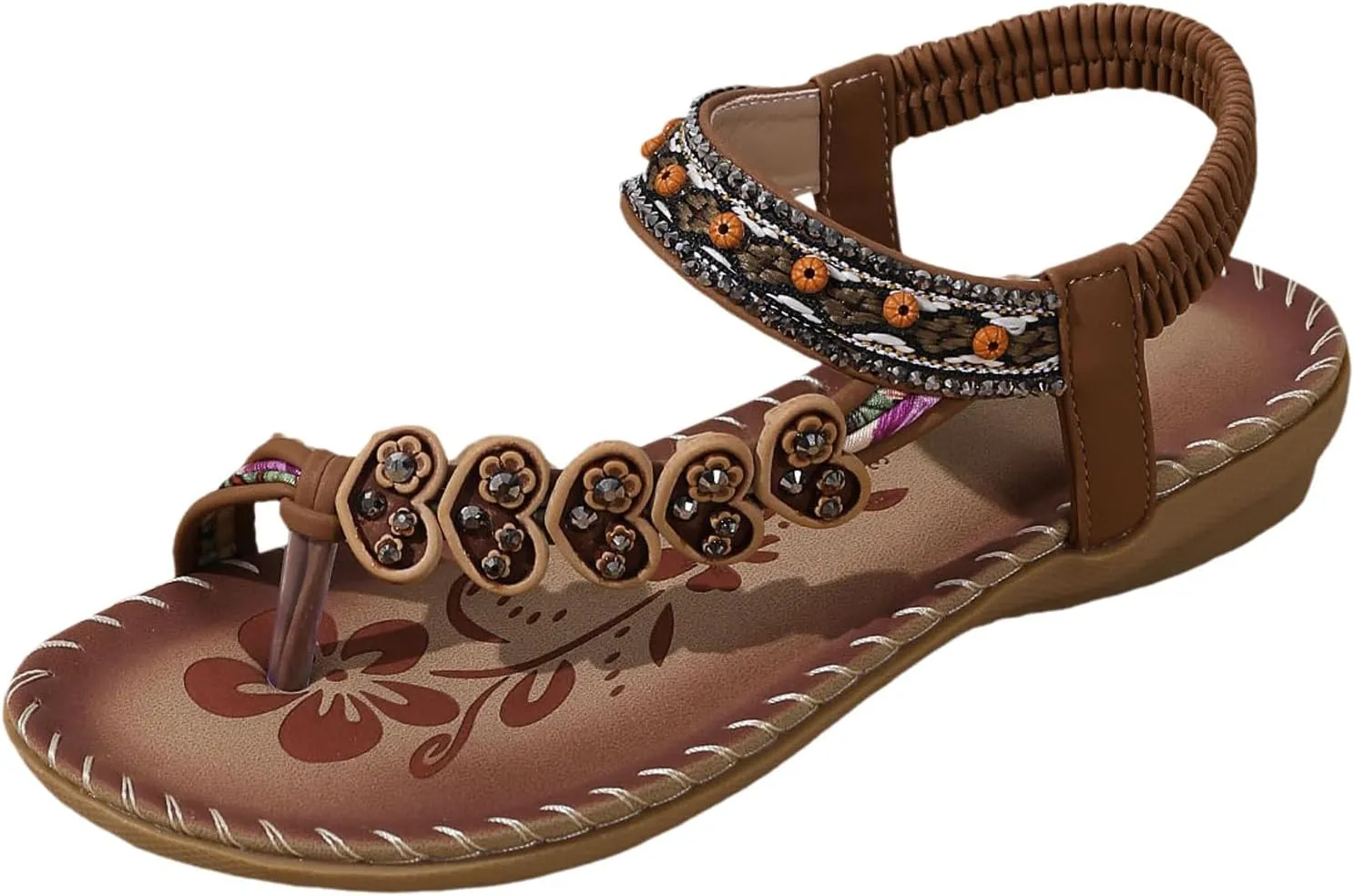 ZSpzx Women's Summer Sandals Sparkly Bling Lace Flower Sandals Casual Comfortable Bohemia Flat Sandals Open Toe Ankle Crystal Shoes Ankle Strap Beach Shoes