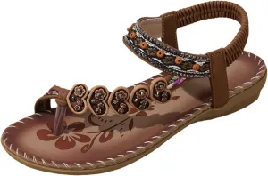 ZSpzx Women's Summer Sandals Sparkly Bling Lace Flower Sandals Casual Comfortable Bohemia Flat Sandals Open Toe Ankle Crystal Shoes Ankle Strap Beach Shoes